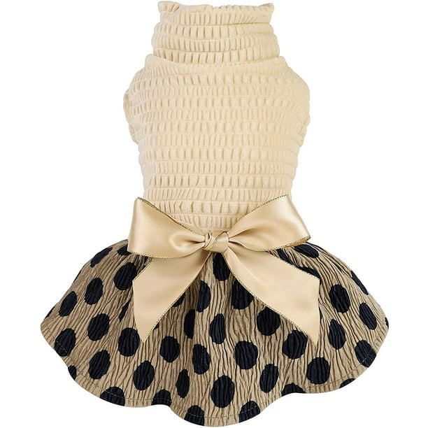 Fitwarm Vintage Polka Dot Dog Dress Lightweight Velvet Girl Puppy Clothes Turtleneck One-Piece with Bowknot Pet Clothes for Birthday Party Doggy Gown Doggie Outfits Cat Apparel 